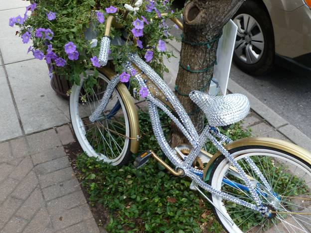 Rhinestone studded bicycle in bloom © 2012 Frosty Wooldridge