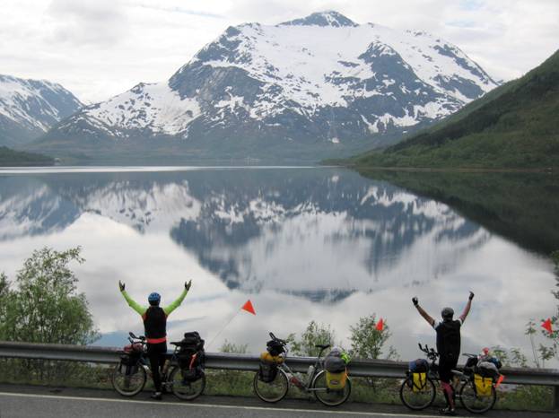 Touring cyclists, fjord, Lofotan Island, Norway © 2012 Frosty Wooldridge